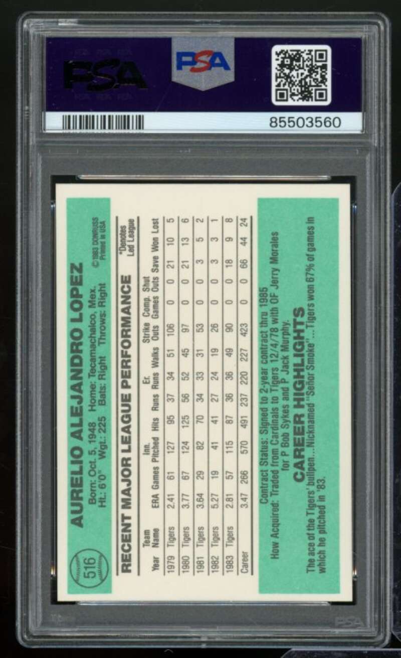 Aurelio Lopez Card 1984 Donruss #516 PSA 9 Image 2