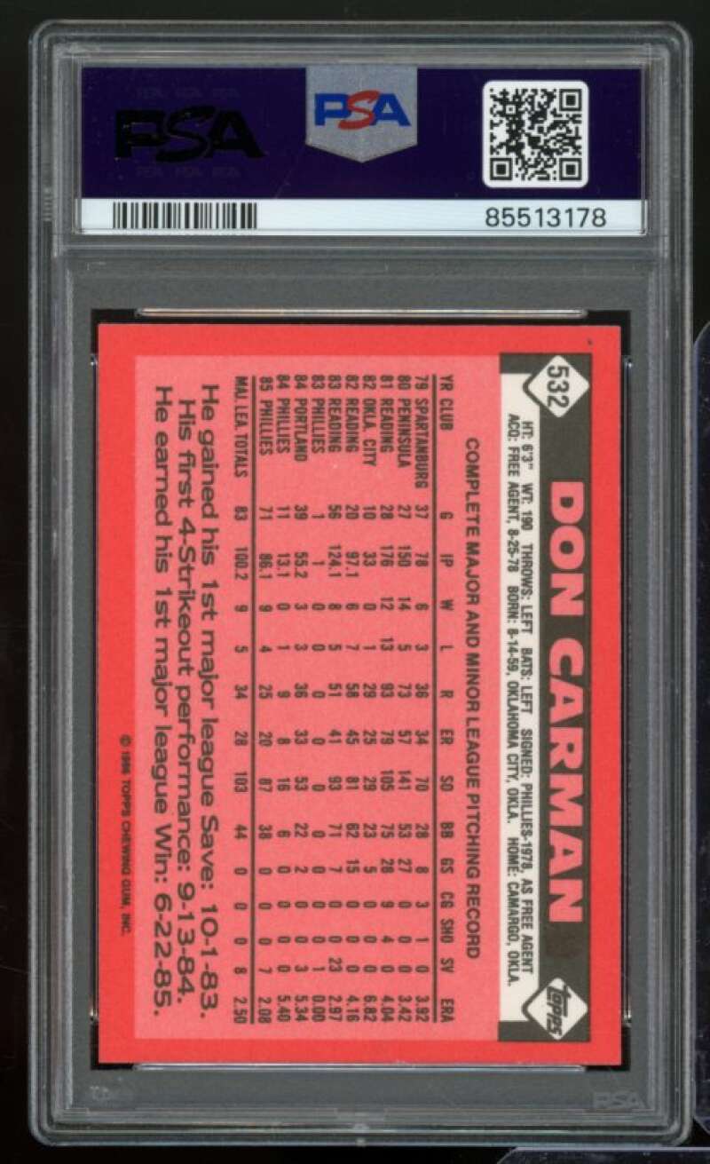 Don Carman Card 1986 Topps Tiffany #532 PSA 8 Image 2