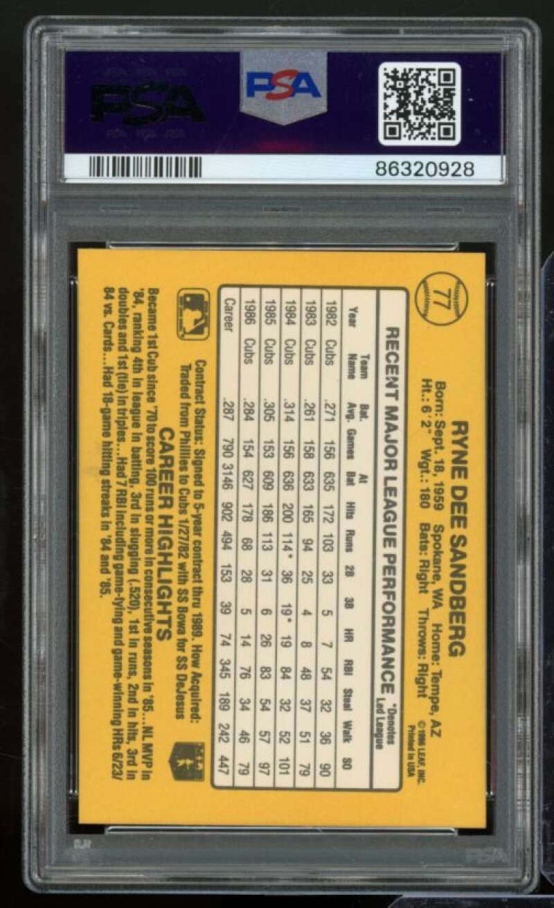 Ryne Sandberg Card 1987 Donruss #77 PSA 9 Image 2