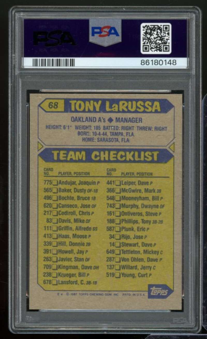 Tony LaRussa Card 1987 Topps #68 PSA 9 Image 2