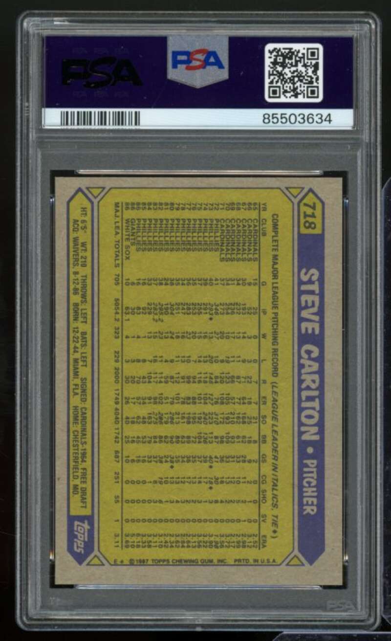 Steve Carlton Card 1987 Topps #718 PSA 9 Image 2