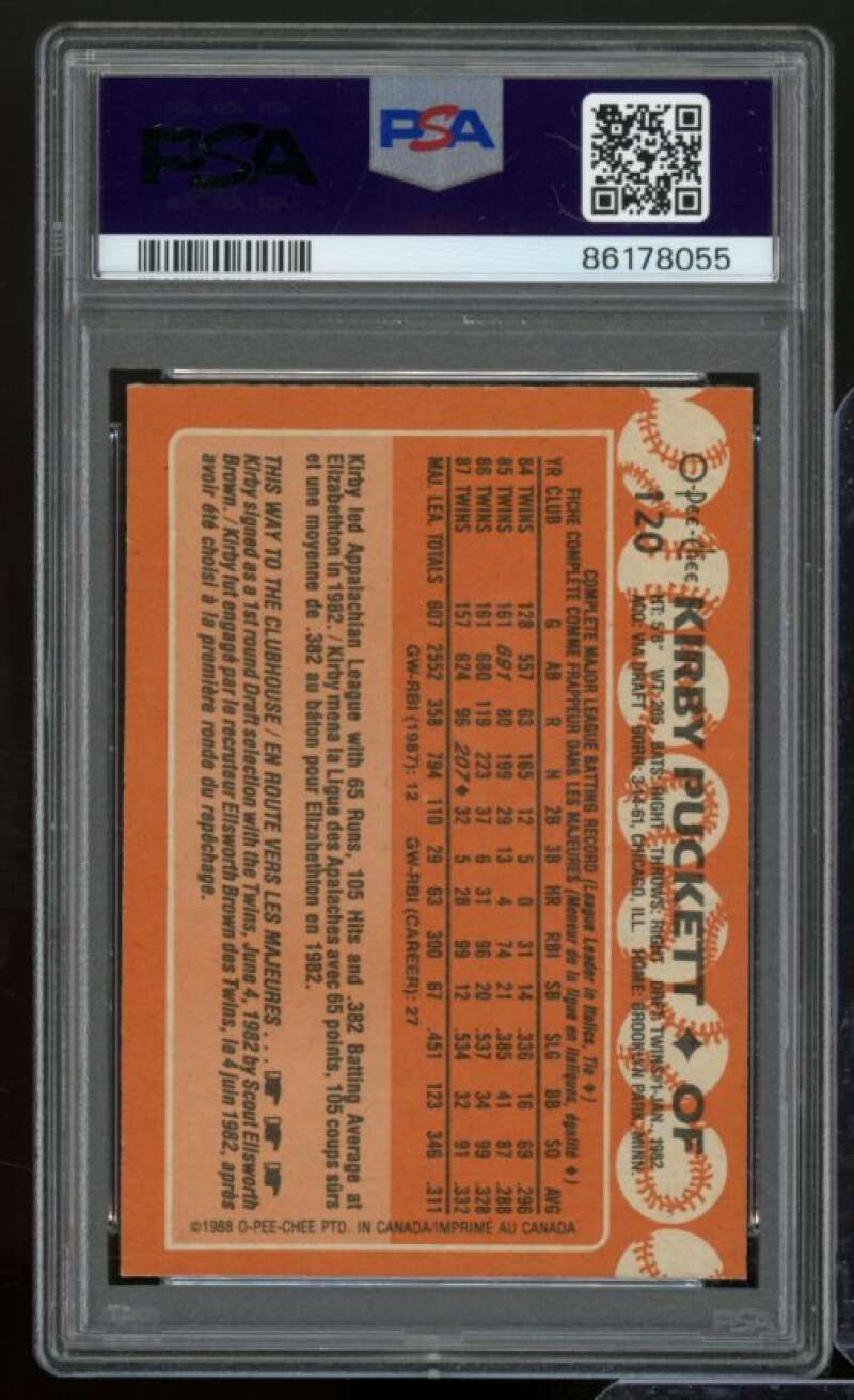 Kirby Puckett Card 1988 O-Pee-Chee #120 PSA 9 Image 2