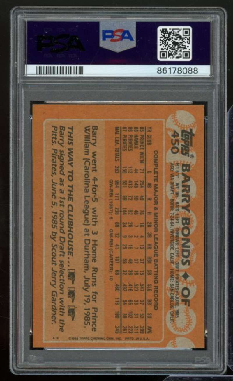 Barry Bonds Card 1988 Topps #450 PSA 9 Image 2