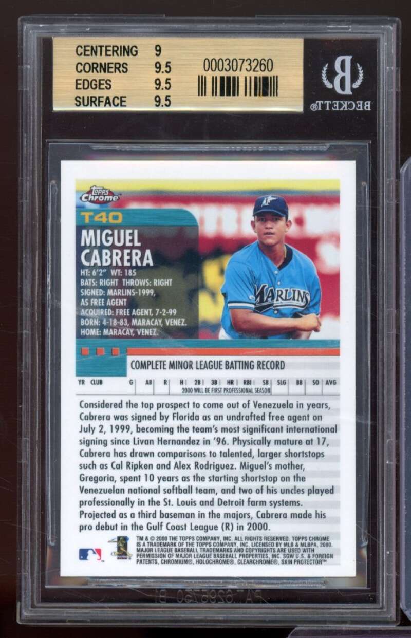 Miguel Cabrera Rookie Card 2000 Topps Chrome Traded #T40 BGS 9.5 (9 9.5 9.5 9.5) Image 2