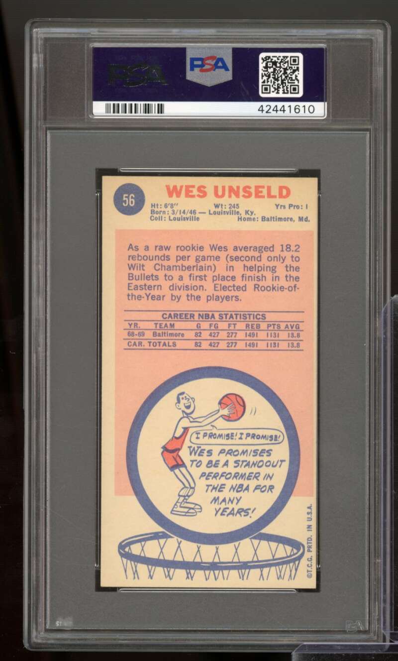 Wes Unseld Rookie Card 1969-70 Topps #56 PSA 8 (oc) Image 2