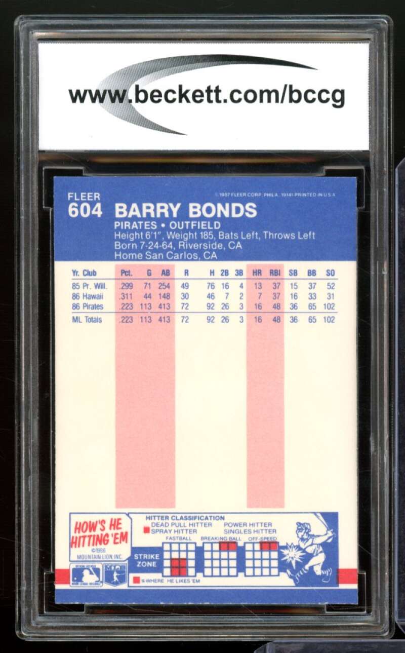 1987 Fleer #604 Barry Bonds Rookie Card BGS BCCG 10 Mint+ Image 2