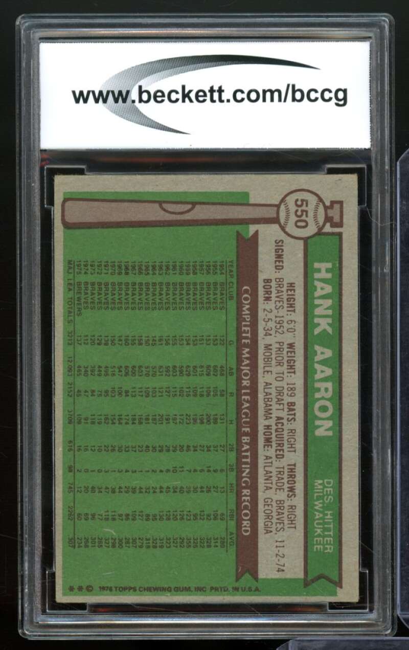 1976 Topps #550 Hank Aaron Card BGS BCCG 8 Excellent+ Image 2