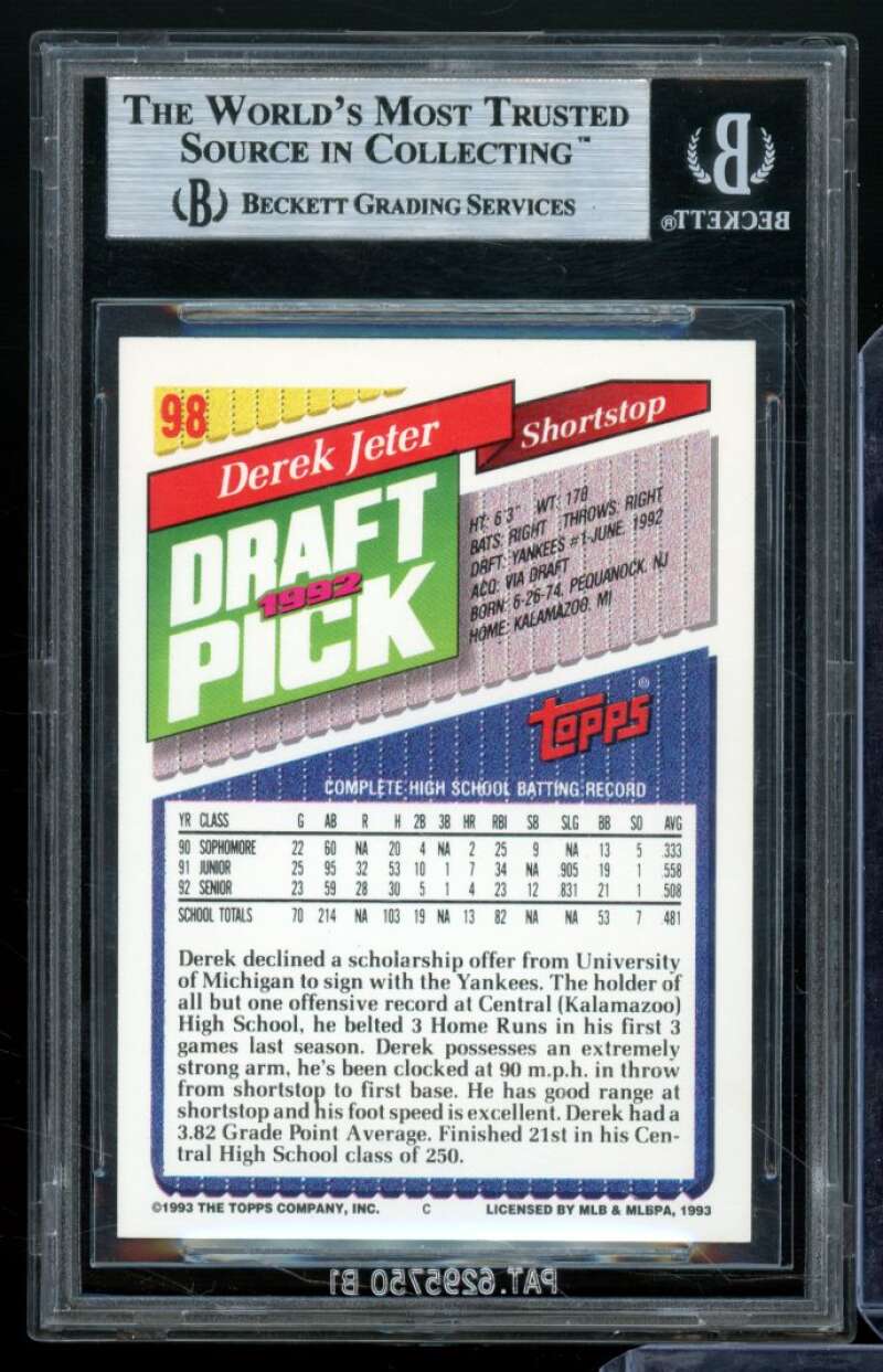 Derek Jeter Rookie Card 1993 Topps #98 BGS 9 (8.5 9 9.5 9.5) Image 2