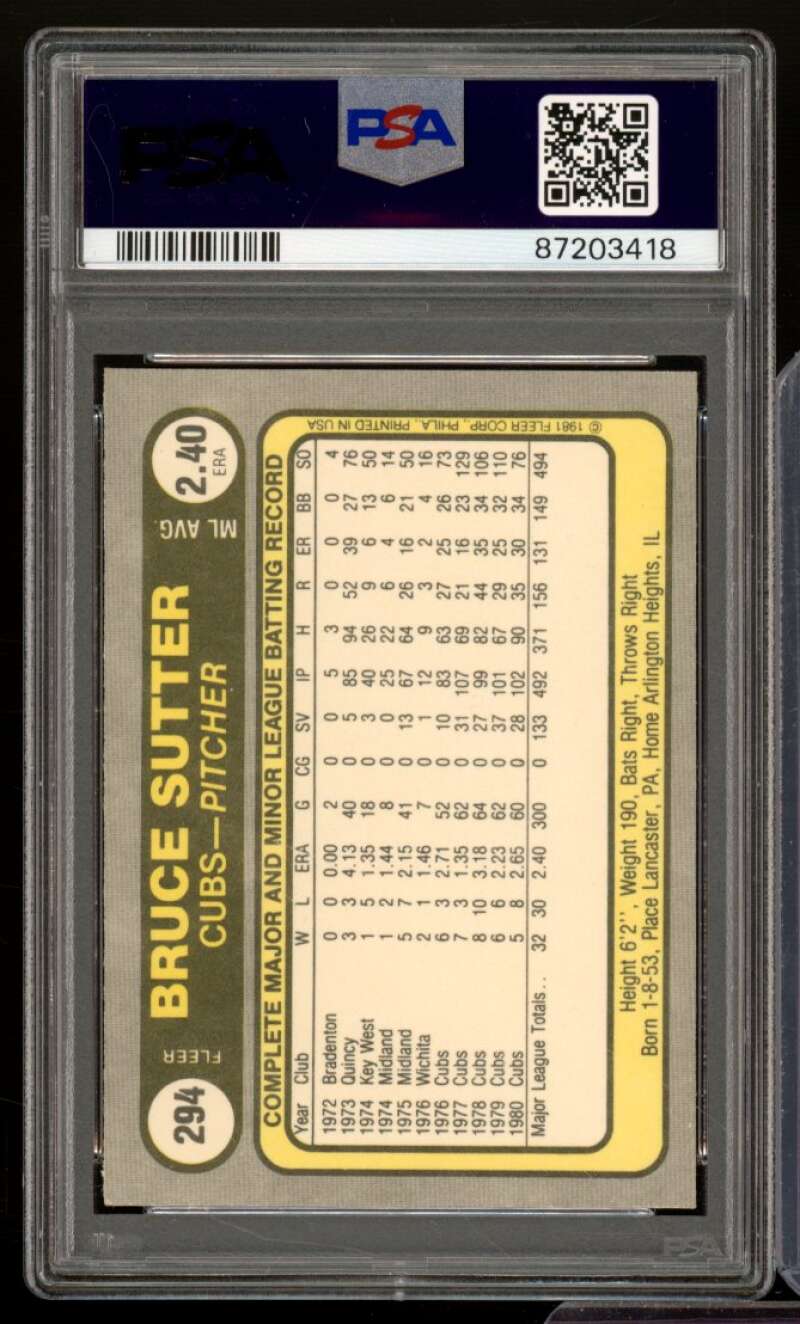 Bruce Sutter Card 1981 Fleer #294 PSA 9 Image 2