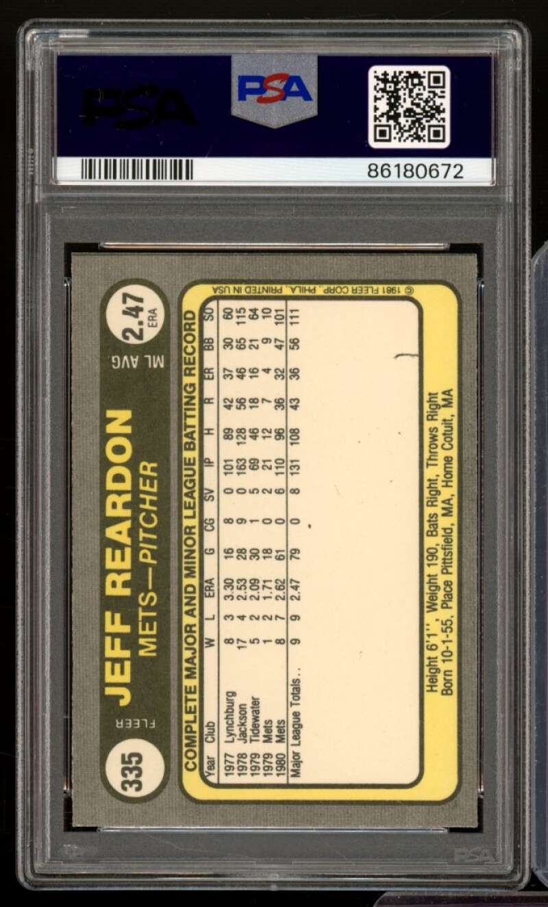 Jeff Reardon Rookie Card 1981 Fleer #335 PSA 9 Image 2