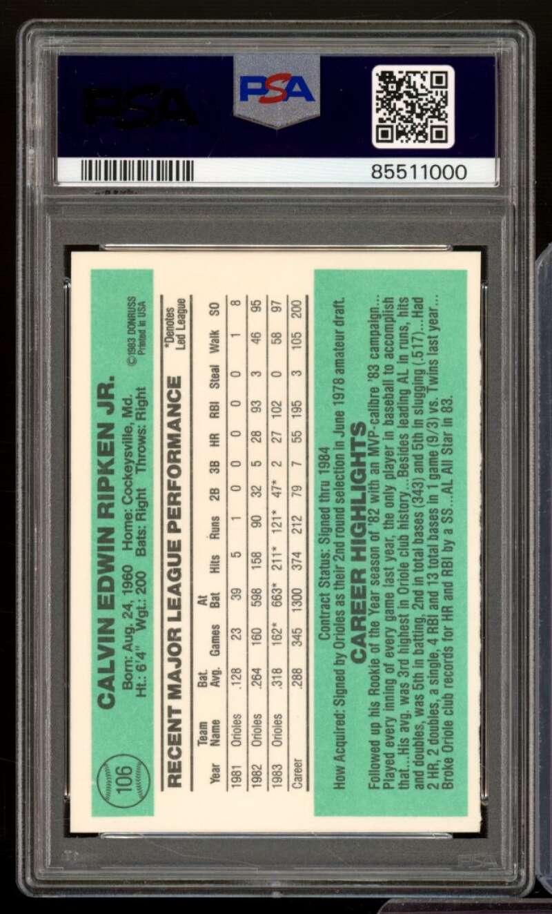 Cal Ripken Jr. Card 1984 Donruss #106 PSA 8 Image 2