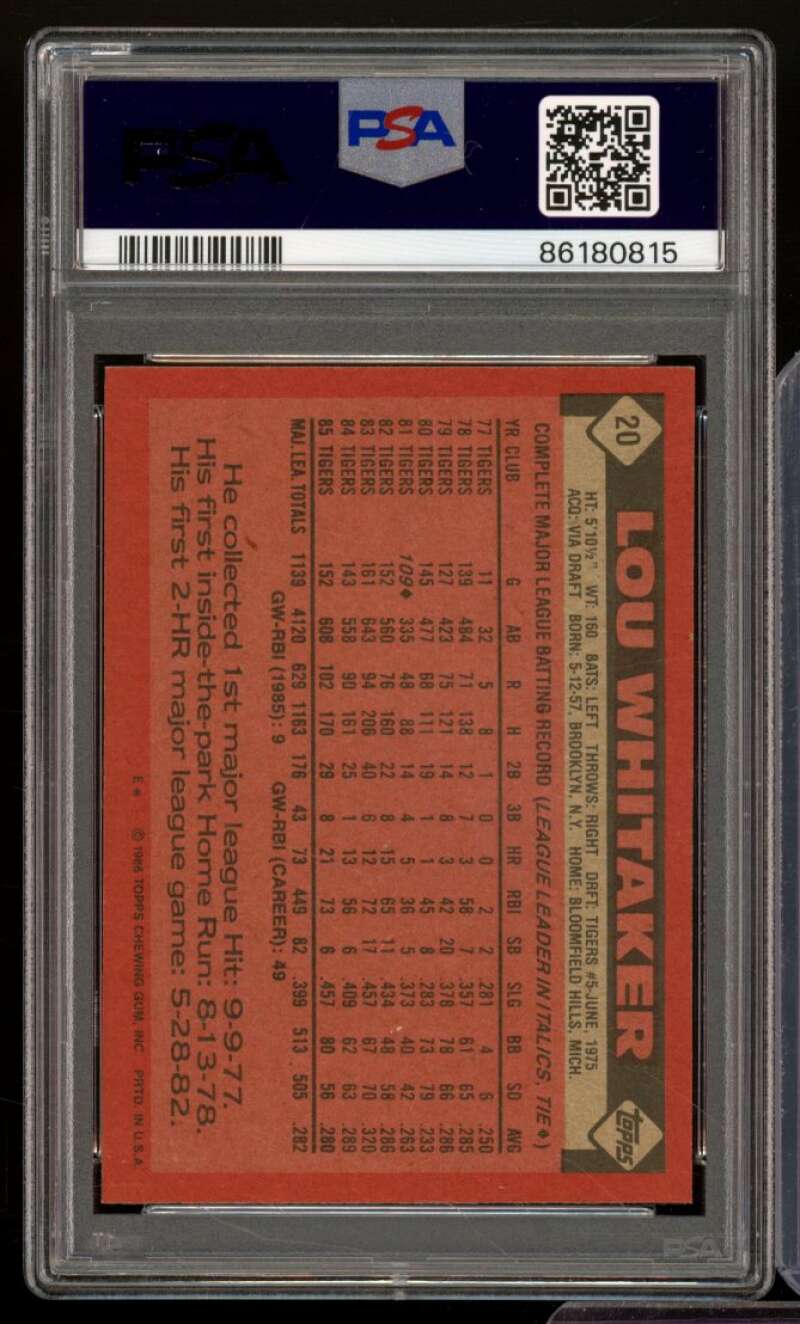 Lou Whitaker Card 1986 Topps #20 PSA 8 Image 2