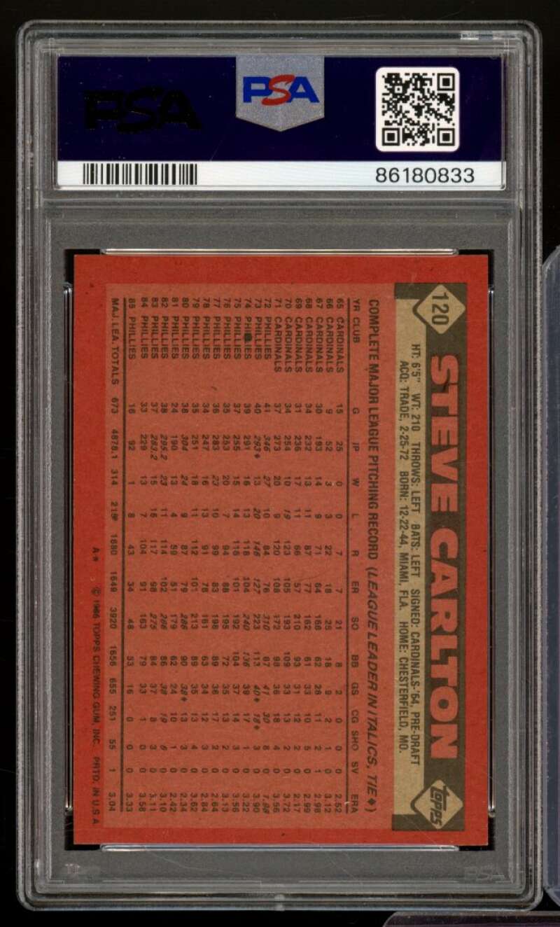 Steve Carlton Card 1986 Topps #120 PSA 8 Image 2