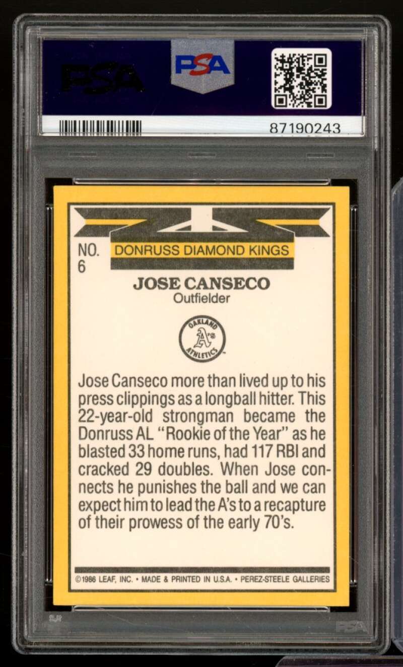 Jose Canseco Card 1987 Donruss #6 PSA 9 Image 2