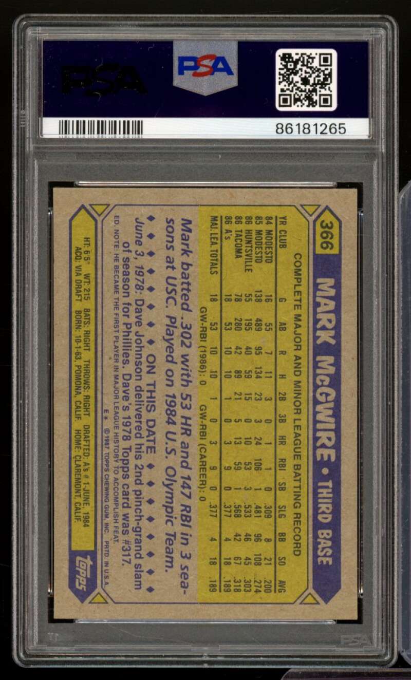 Mark McGwire Rookie Card 1987 Topps #366 PSA 8 Image 2