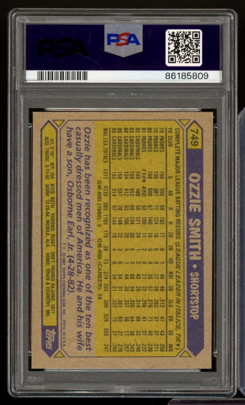 Ozzie Smith Card 1987 Topps #749 PSA 9 Image 2