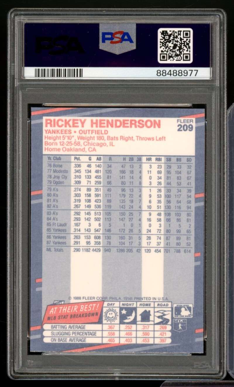 Rickey Henderson Card 1988 Fleer #209 PSA 9 Image 2