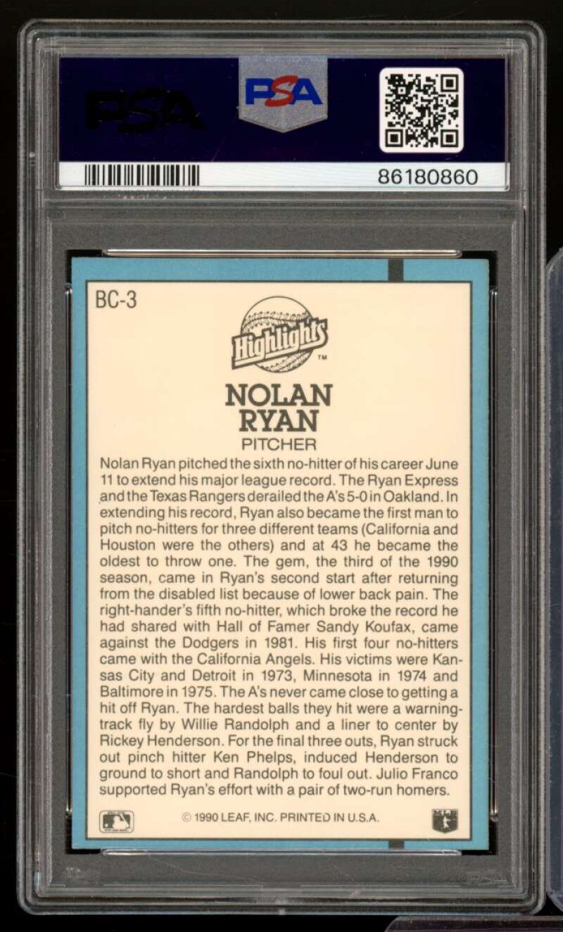 Nolan Ryan Card 1991 Donruss Highlights #Bc-3 PSA 9 Image 2