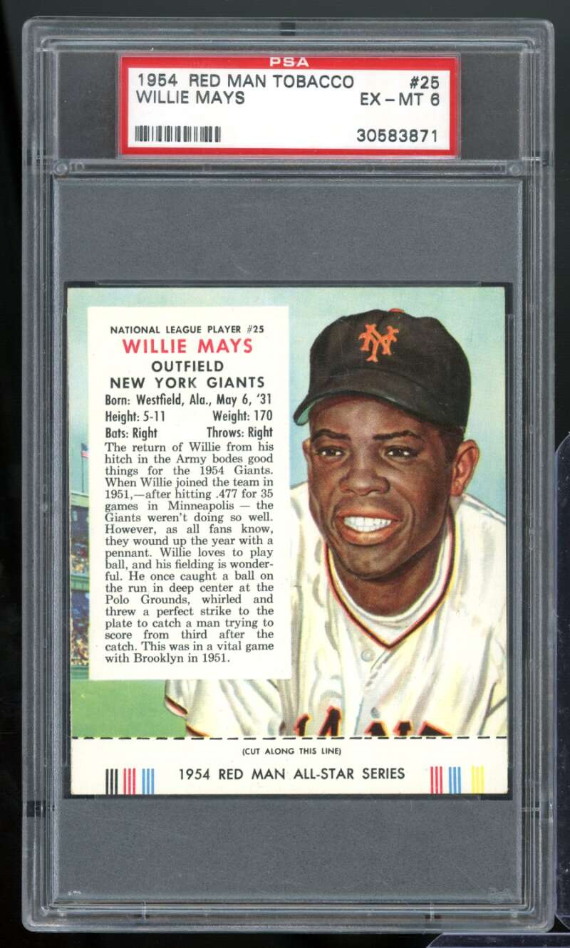 Willie Mays Card 1954 Red Man Tobacco #25 PSA 6 Image 1