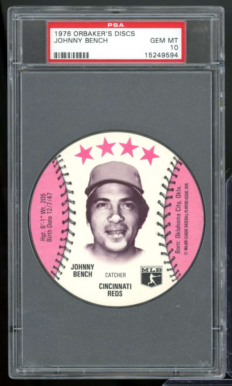 Johnny Bench Card 1976 Orbaker's Discs #nno PSA 10 Image 1