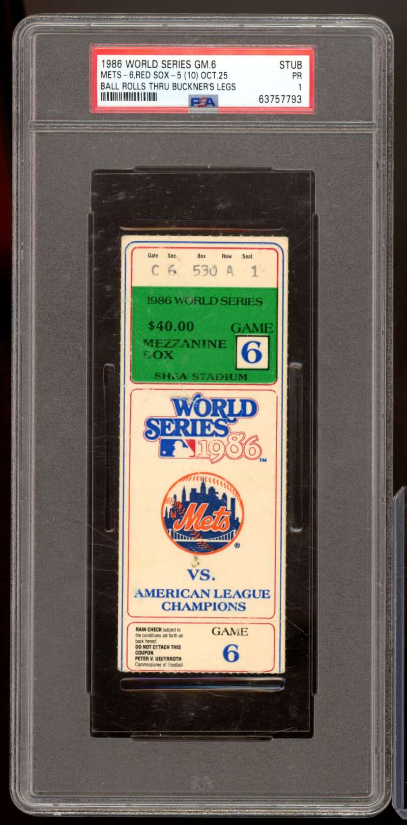 Ball Rolls Thru Buckner's Legs Ticket World Series Game 6 #nno PSA 1 Image 1