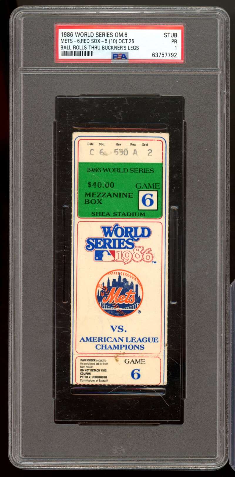 Ball Rolls Thru Buckner's Legs Ticket World Series Game 6 #nno PSA 1 Image 1