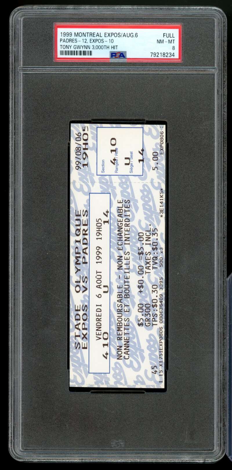 Tony Gwynn 3000 Hit Ticket 1999 Montreal Expos/Aug.6 #nno PSA 8 Image 1