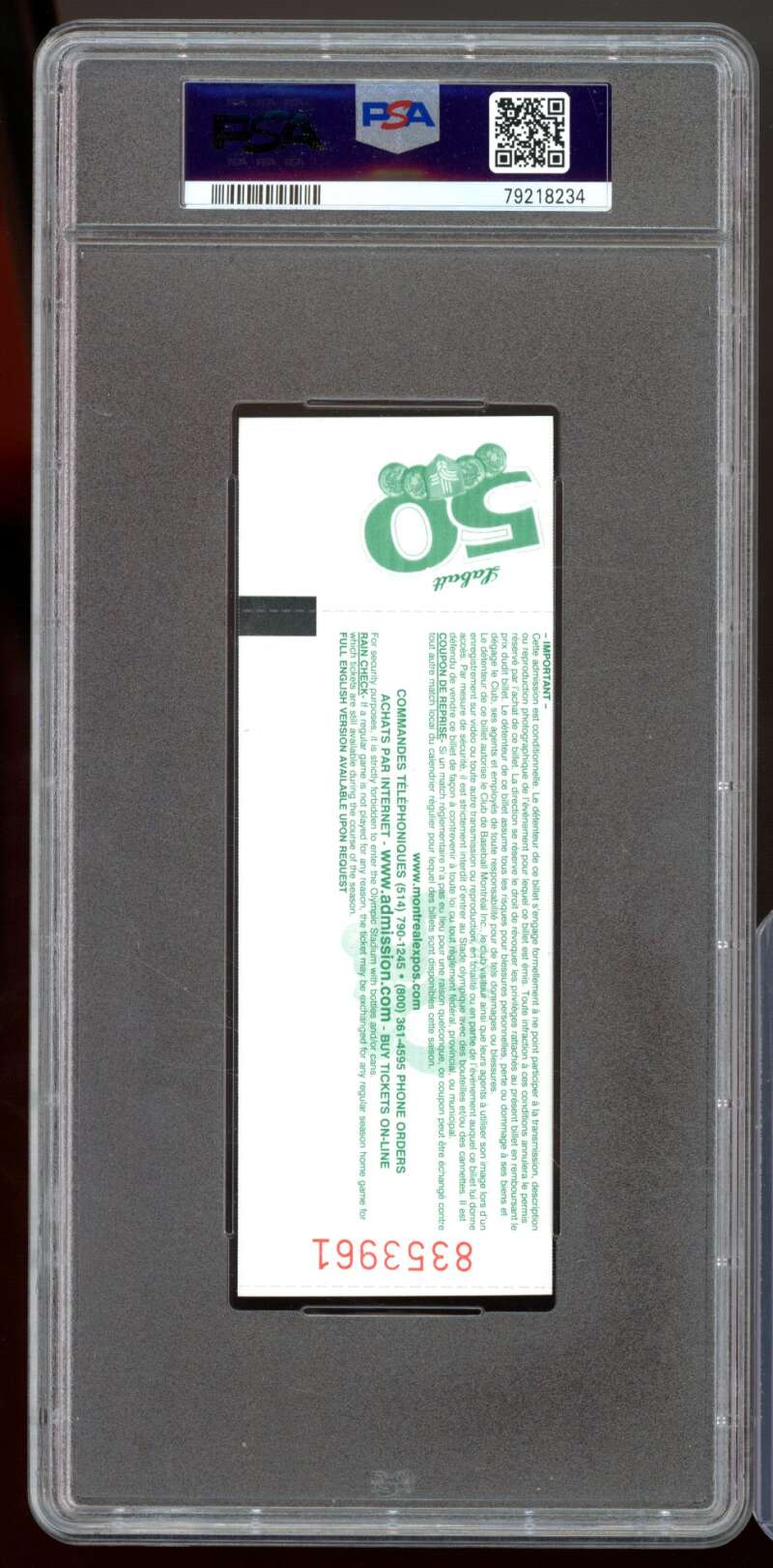 Tony Gwynn 3000 Hit Ticket 1999 Montreal Expos/Aug.6 #nno PSA 8 Image 2