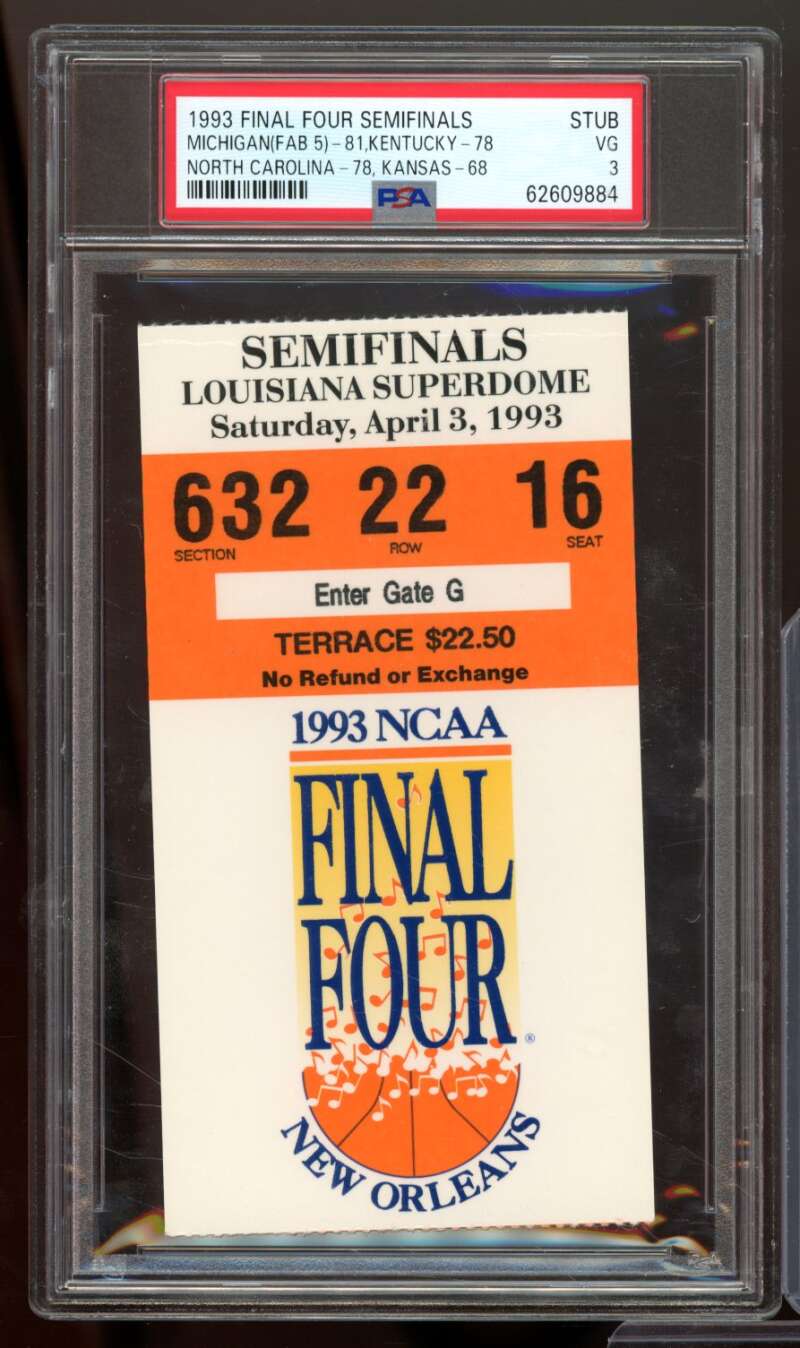 Michigan/Kentucky/Duke/North Carolina 1993 Final Four Semifinals Stub #nno PSA 3 Image 1