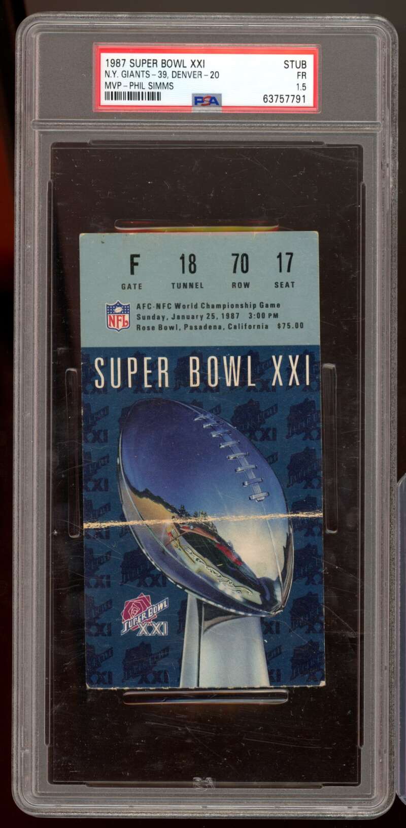 N.Y. Giants 39 Denver 20 Ticket Stub Card 1987 Super Bowl XXI #nno PSA 1.5 Image 1