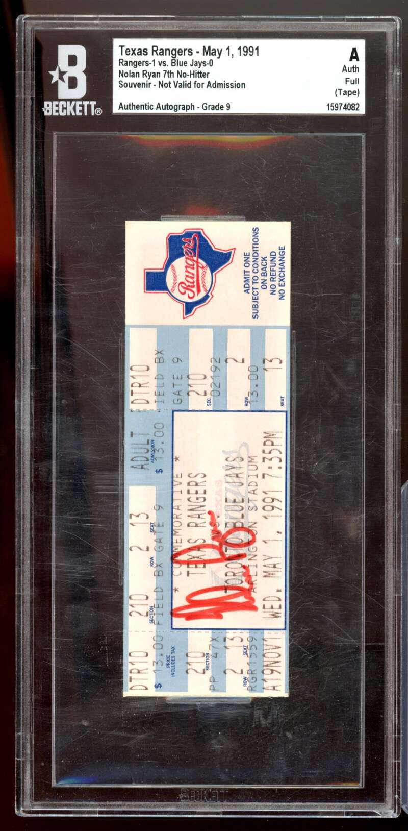 Nolan Ryan 7th No Hitter Ticket 1991 Authentic Autograph BGS 9 Authentic Image 1