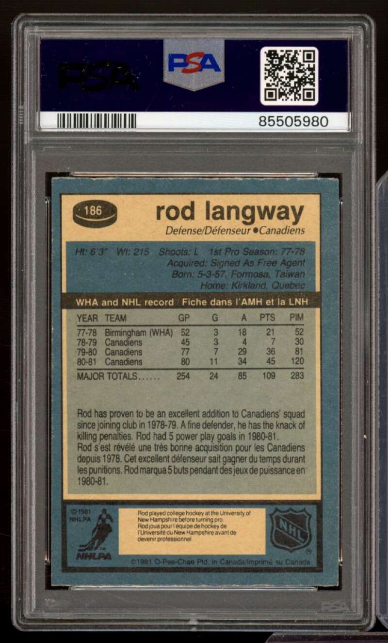 Rod Langway Card 1981-82 O-Pee-Chee #186 PSA 8 Image 2