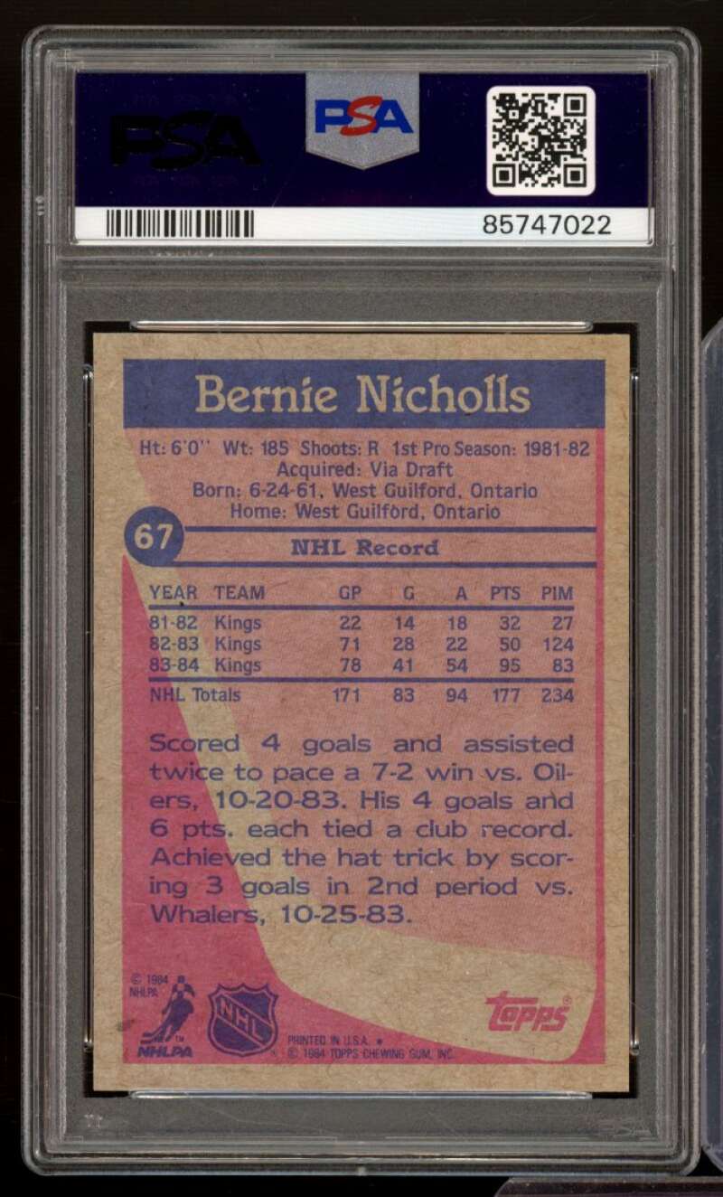 Bernie Nicholls Card 1984-85 Topps #67 PSA 8 Image 2