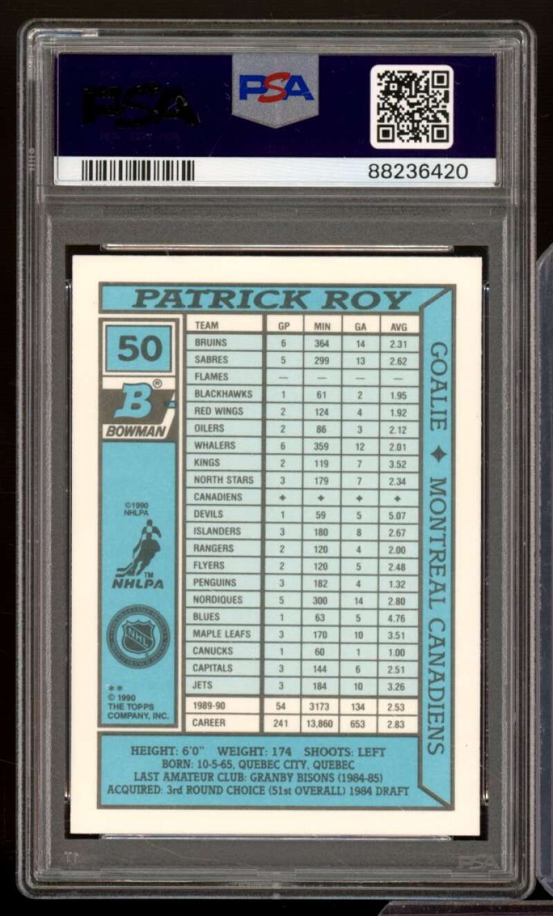 Patrick Roy Card 1990-91 Bowman Tiffany #50 PSA 7 Image 2