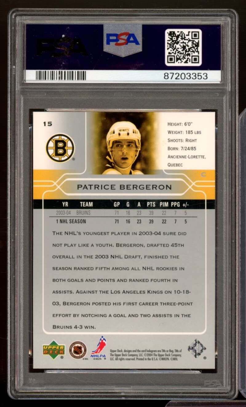 Patrice Bergeron Card 2004-05 Upper Deck #15 PSA 8 Image 2