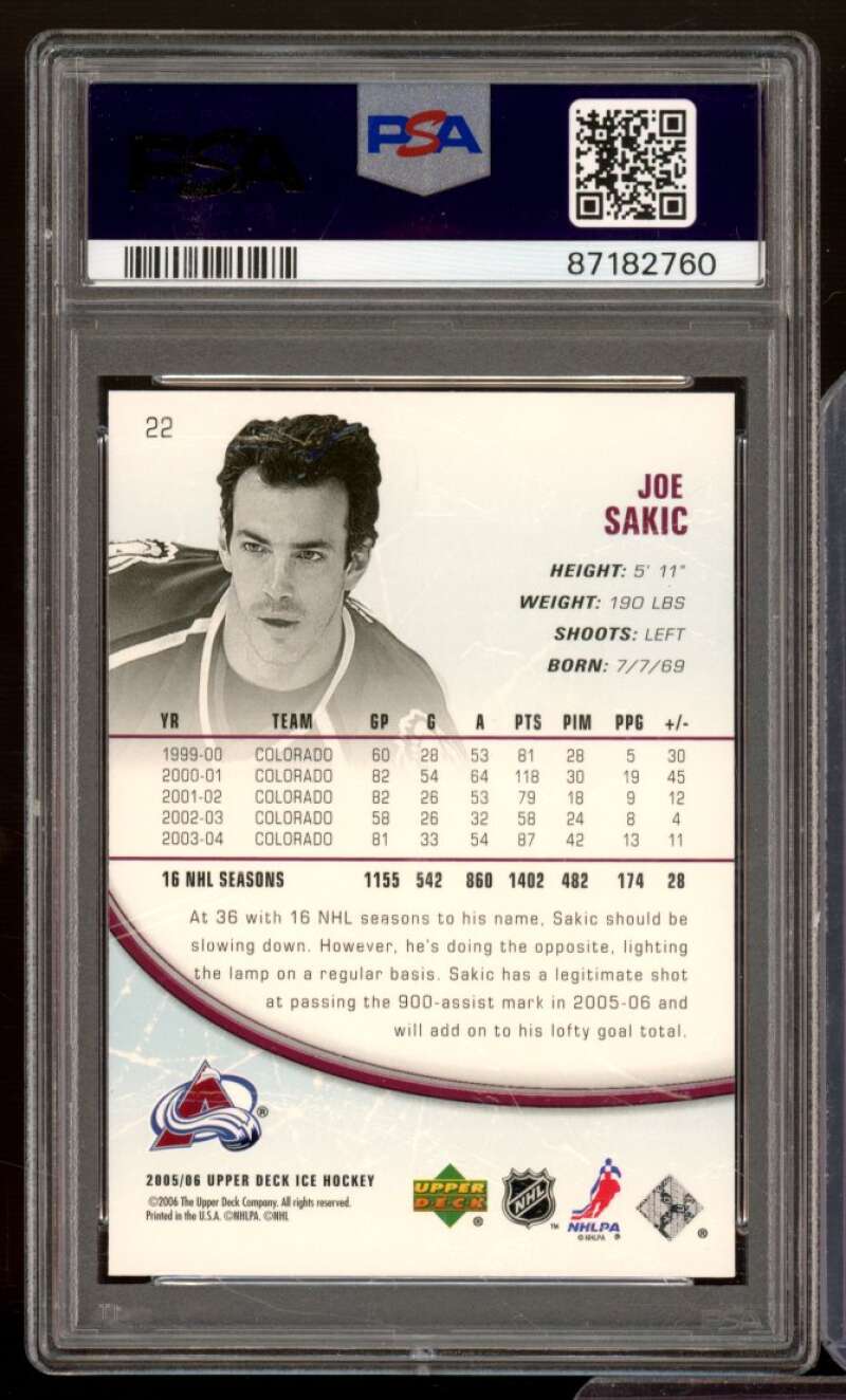 Joe Sakic Card 2005-06 Upper Deck Ice #22 PSA 8 Image 2