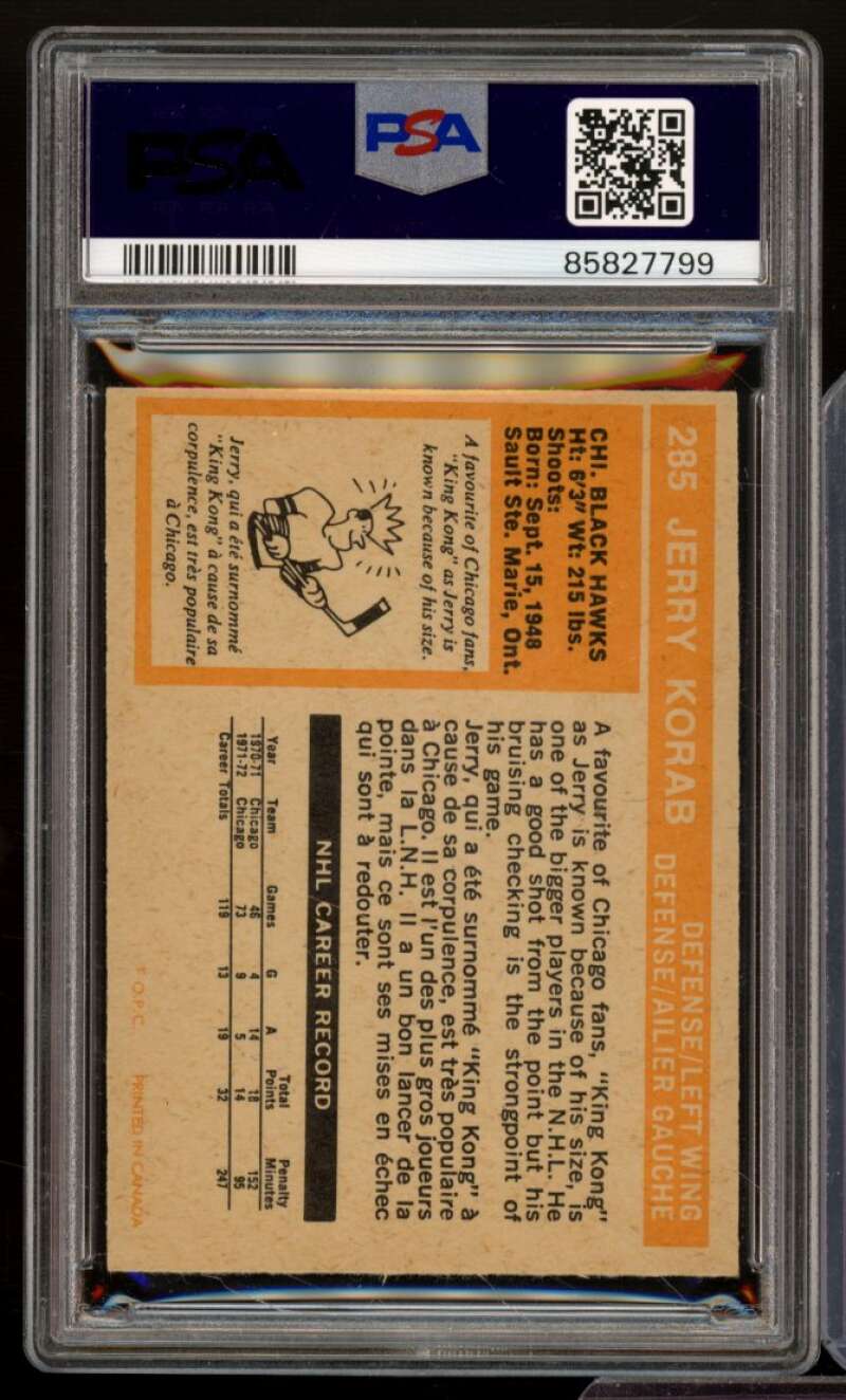 Jerry Korab Rookie Card 1972-73 O-Pee-Chee #285 PSA 7 Image 2