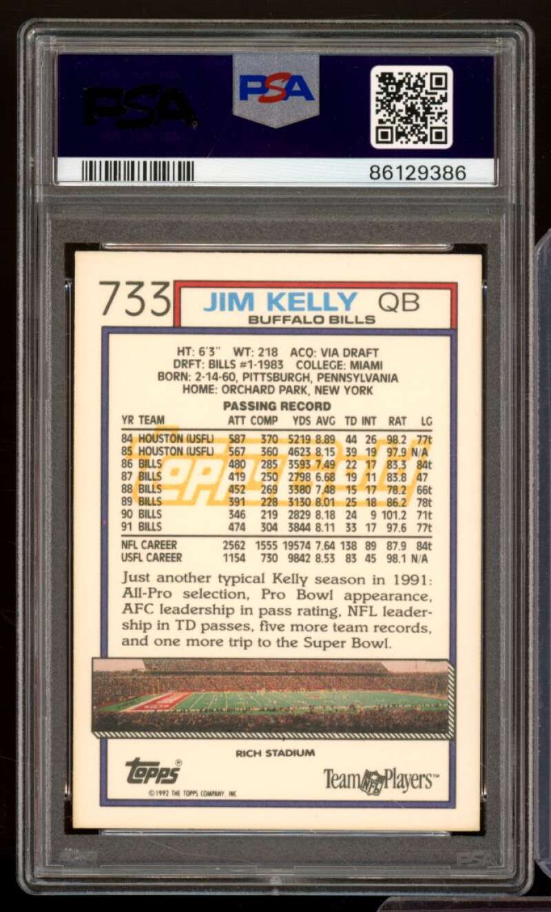 Jim Kelly Card 1992 Topps Gold #733 PSA 9 Image 2