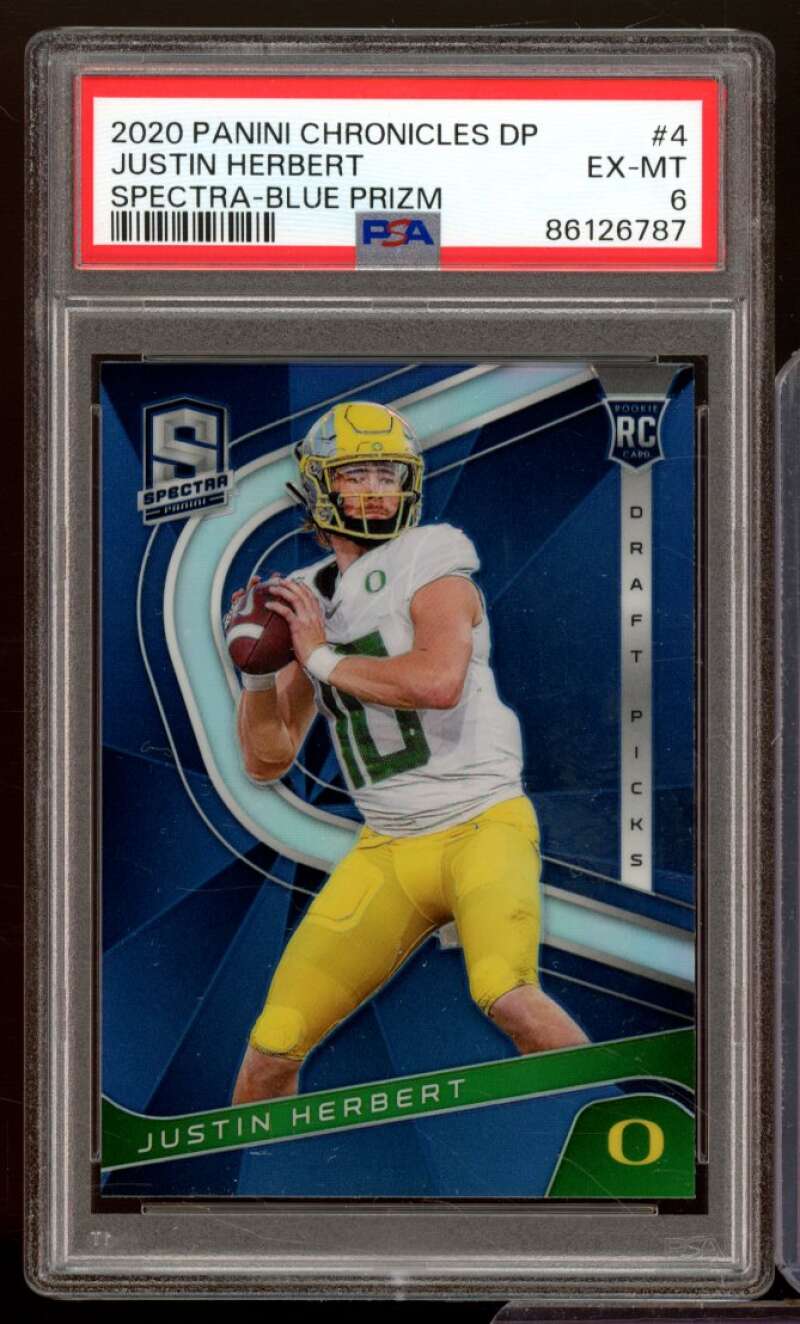 Justin Herbert Rookie Card 2020 Panini Chronicles DP Spectra Blue Prizm #4 PSA 6 Image 1