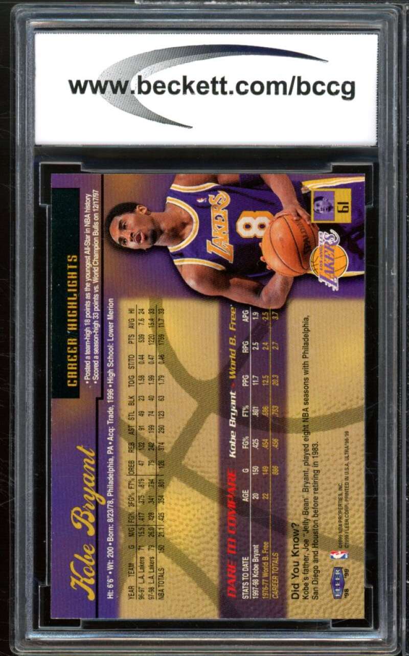 1998-99 Ultra #61 Kobe Bryant Card BGS BCCG 10 Mint+ Image 2