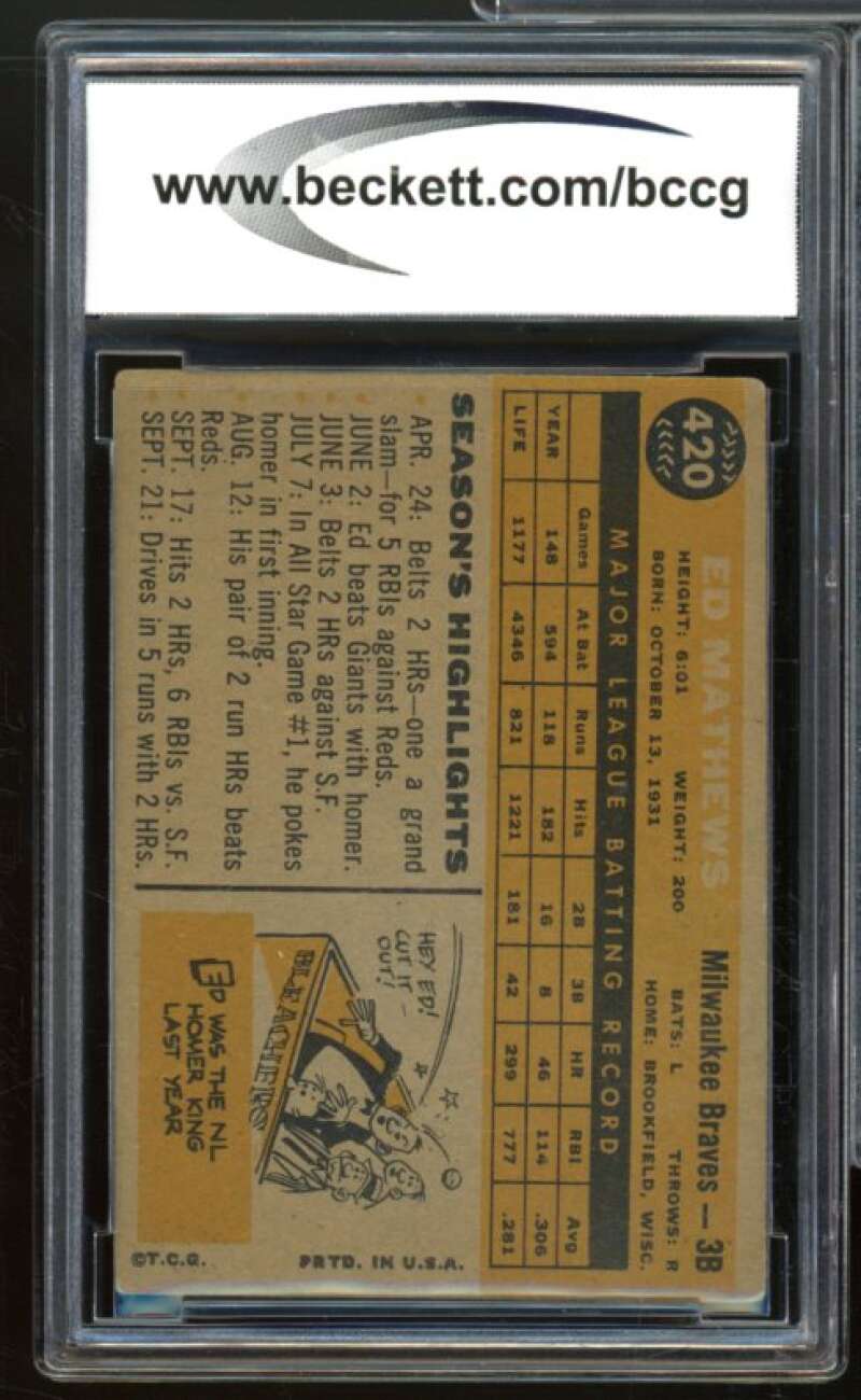 1960 Topps #420 Eddie Mathews Card BGS BCCG 7 Very Good+ Image 2