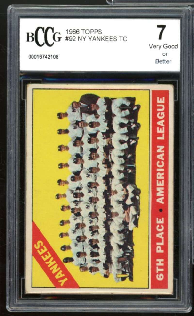 1966 Topps #92 New York Yankees Team Card w/Mickey Mantle BGS BCCG 7 Very Good+ Image 1