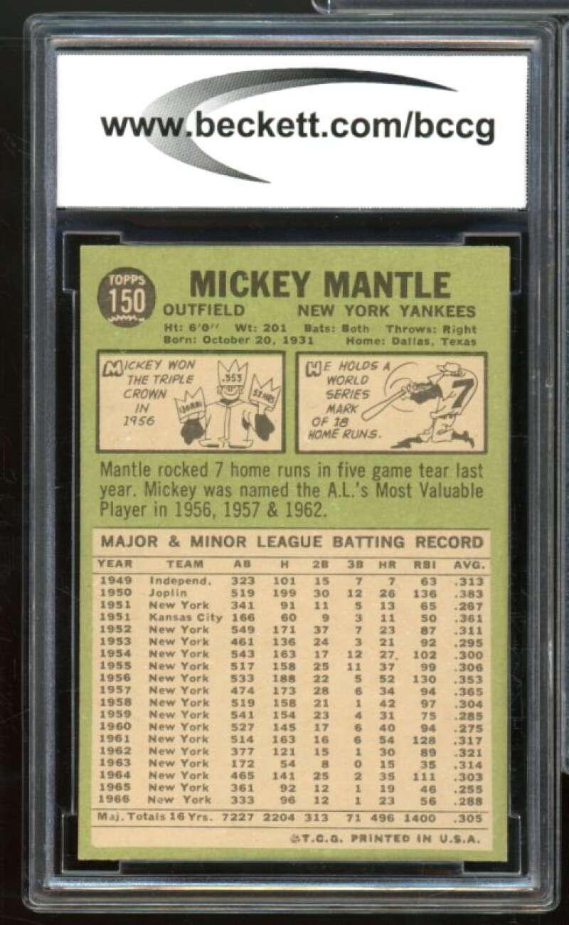 1967 Topps #150 Mickey Mantle Card BGS BCCG 9 Near Mint+ Image 2