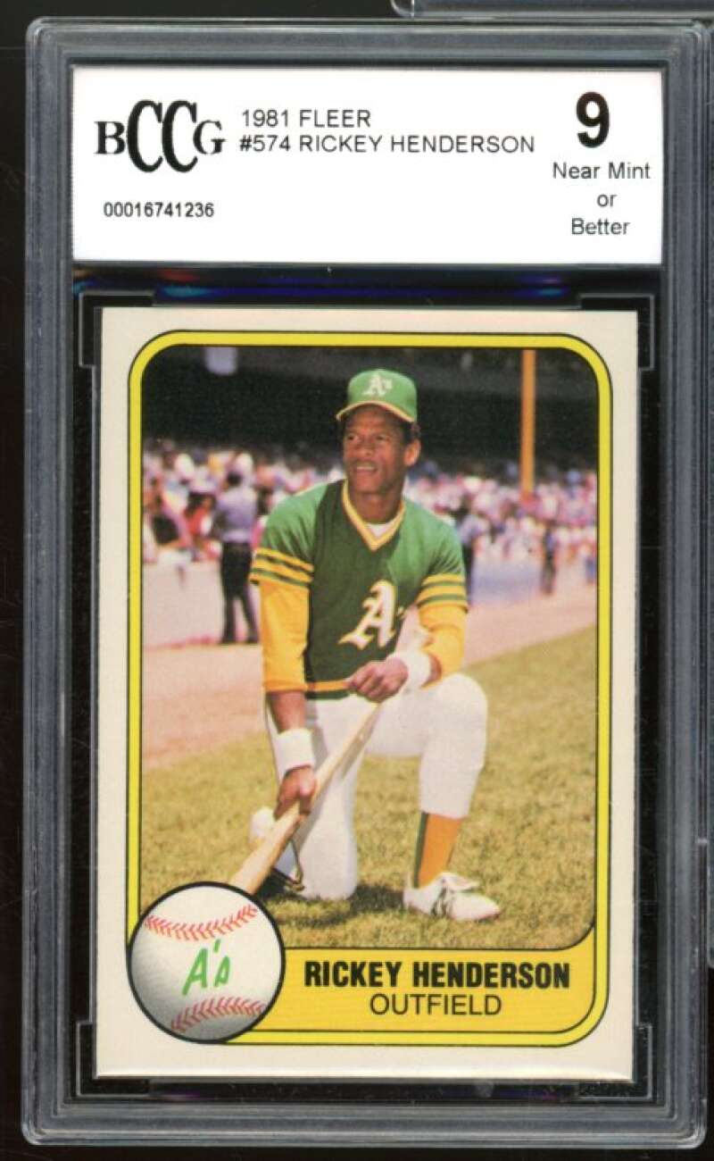 1981 Fleer #574 Rickey Henderson Card BGS BCCG 9 Near Mint+ Image 1