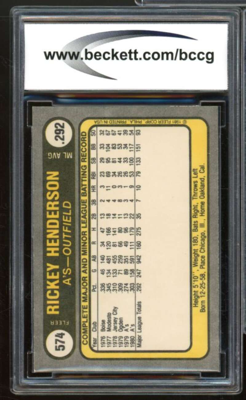 1981 Fleer #574 Rickey Henderson Card BGS BCCG 9 Near Mint+ Image 2