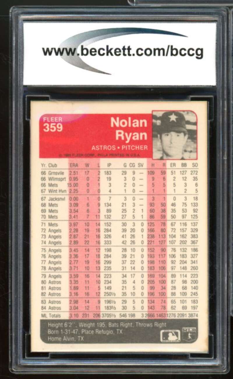 1985 Fleer #359 Nolan Ryan Card BGS BCCG 9 Near Mint+ Image 2