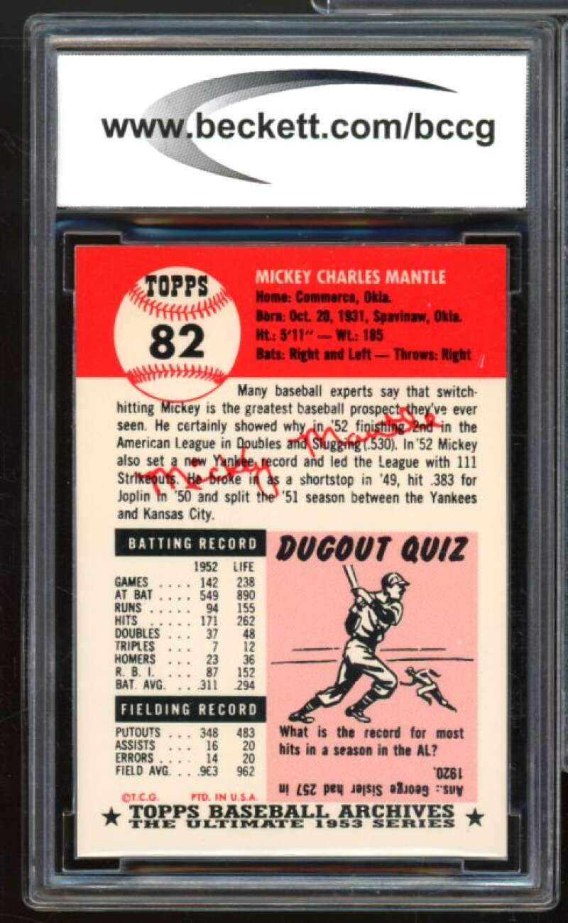 1991 Topps Archives 1953 #82 Mickey Mantle Card BGS BCCG 10 Mint+ Image 2