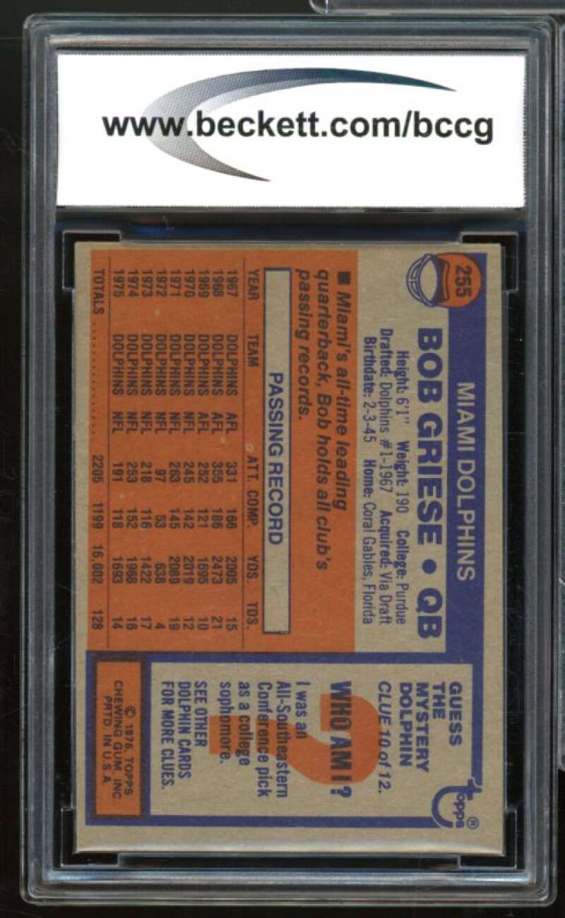 1976 Topps #255 Bob Griese Card BGS BCCG 9 Near Mint+ Image 2