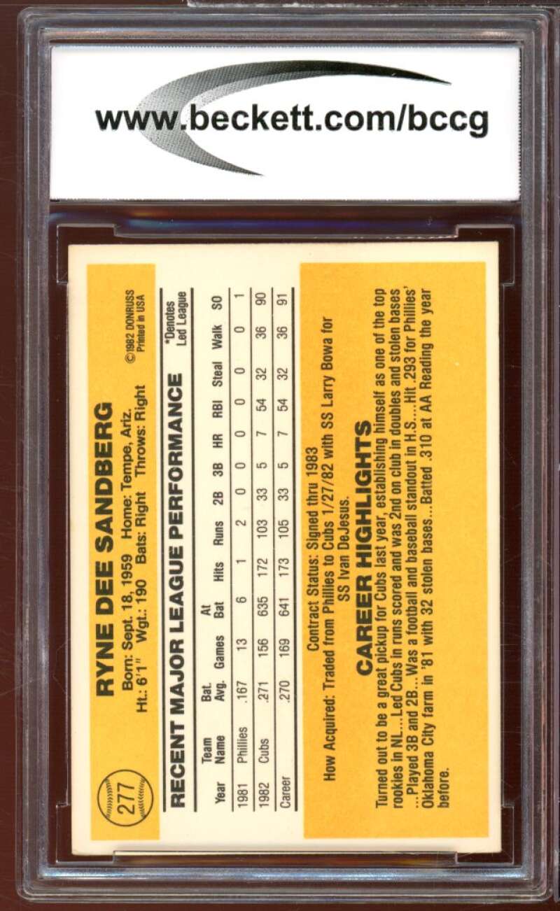 1983 Donruss #277 Ryne Sandberg Rookie Card BGS BCCG 9 Near Mint+ Image 2