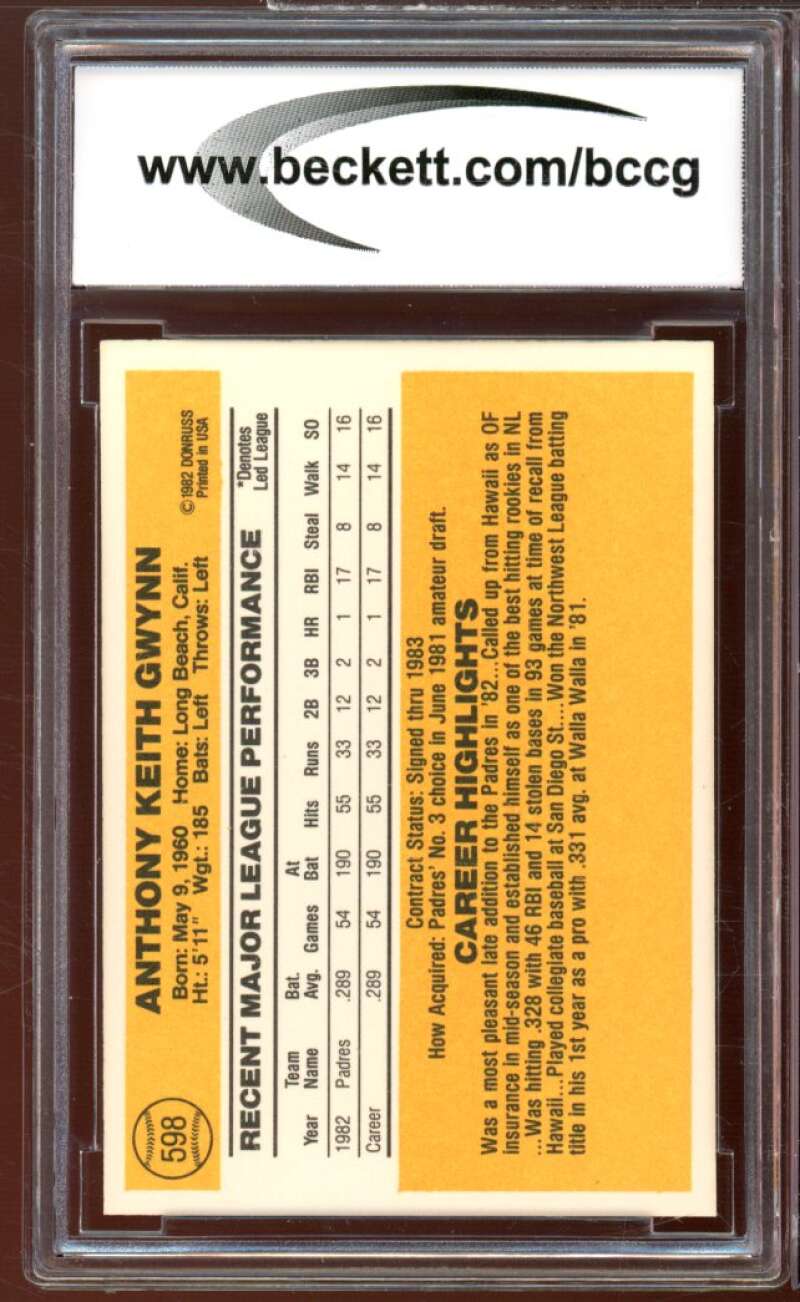 1983 Donruss #598 Tony Gwynn Rookie Card BGS BCCG 10 Mint+ Image 2